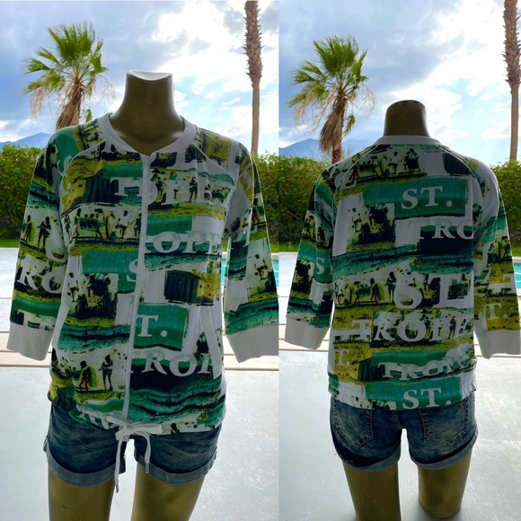 ONQUE Casuals ST. TROPEZ Postcard Print JACKET With RHINESTONE Zipper Medium - Picture 13 of 16